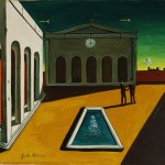 cuadro surrealista de giorgio de chirico de una plaza con sol luz y sombra.